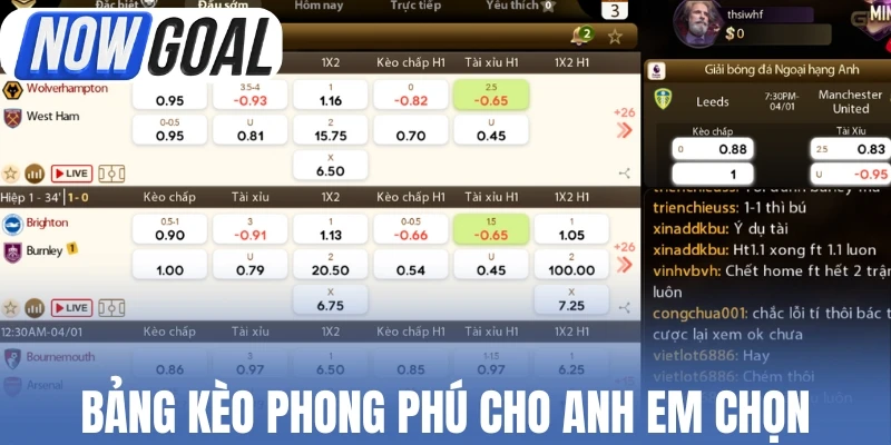 Bảng kèo phong phú cho anh em chọn